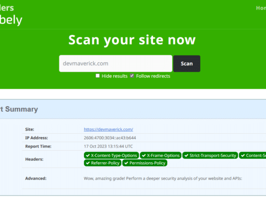 Security Headers by Probely result